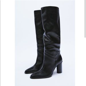 Zara Black Heeled leather high heel knee high boots